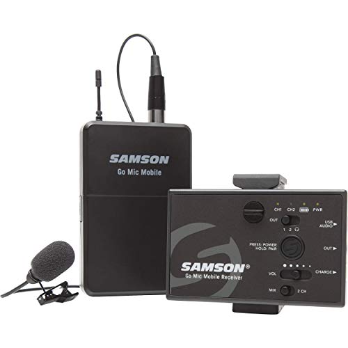 Samson Go Mic Mobile Lavalier Wireless System for Podcasting & Audio Recording Bundle with Blucoil 5000mAh Portable Power Bank, 4 AA Batteries, Table Top Camera Tripod, and Samson SR350 Headphones