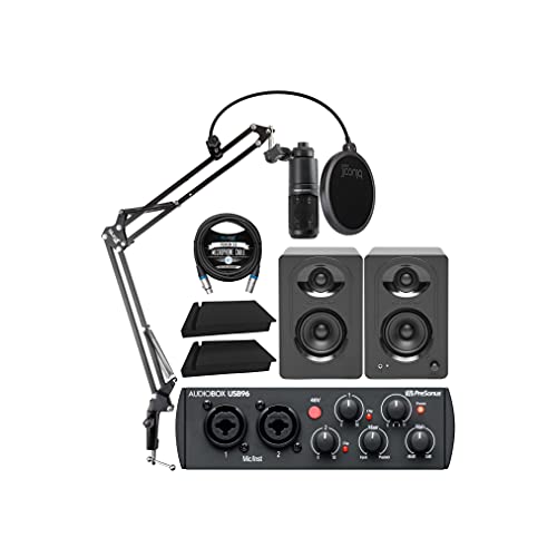 PreSonus AudioBox USB 96 25th Anniversary Audio Interface Bundle with Audio-Technica AT2020 Microphone, MediaOne M30 Monitors, Blucoil Boom Arm Plus Pop Filter, 2x Isolation Pads, and 10' XLR Cable