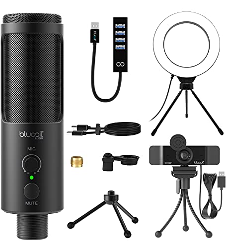 blucoil USB Cardioid Condenser Microphone with Built-in Headphone Jack, Volume Control, Mute Button for Windows, Mac, Linux, and Chrome Bundle with 1080p USB Webcam, 6" Ring Light, and USB-A Mini Hub