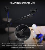 Blucoil Adjustable Microphone Stand with 2.3' - 4.1' Height, Rotating Boom Arm, Tripod Base, Dual Mic Clips - Compatible with AKG, Audio Technica, MXL, Samson, Blue Mic, sE Electronics, and More