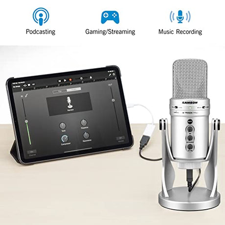 blucoil Samson G-Track Pro Professional USB Condenser Microphone with Audio Interface, Silver Bundle USB-A Mini Hub, 3' USB Extension Cable, and 1080p USB Webcam - Compatible with Windows and Mac