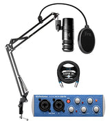 blucoil Audio Technica AT2040 Hypercardioid Dynamic Podcast Microphone Bundle with AudioBox USB 96 2x2 USB Audio Interface with Studio One Artist, 10' XLR Cable, and Boom Arm Plus Pop Filter