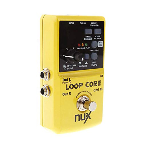 NUX Loop Core Looper Effects Pedal with Tap Tempo Bundle with Blucoil Slim 9V 670ma Power Supply AC Adapter, 2-Pack of Pedal Patch Cables, and 4-Pack of Celluloid Guitar Picks