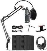 Audio-Technica AT2020USB+ Cardioid Condenser USB Microphone with Built-In Headphone Jack Bundle with Blucoil 4x Acoustic Wedges, Boom Arm Plus Pop Filter, Headphone Hook, and Samson SR350 Headphones