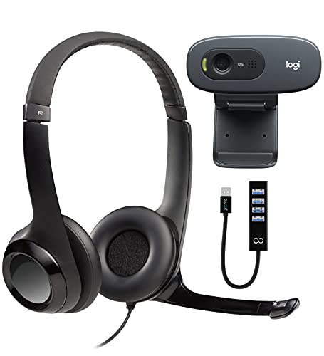 blucoil Logi tech C270 Desktop or Laptop Webcam, HD 720p Widescreen for Video Calling & Recording Bundle with H390 Wired Headset, Stereo Headphones with Noise-Cancelling Microphone USB-A Mini Hub