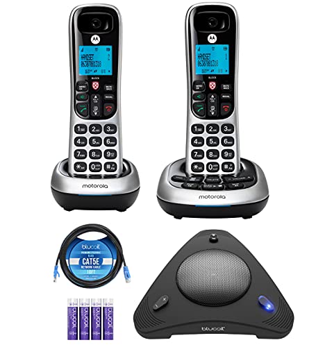 Moto rola CD4012 DECT 6.0 Cordless Phone with Answering Machine and Call Block, Silver/Black, 2 Handsets Bundle with Blucoil 4 AAA Batteries, 10' Cat5e Cable, and USB Conference Speakerphone