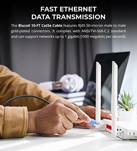 blucoil 10-FT Premium Cat5e Network Cable with RJ45 Male to Male Connectors - 1 Gbps Ethernet Cable with 24 AWG Wire for Computers, TV Tuners, Modems, Routers, Servers, and Power-Over-Ethernet