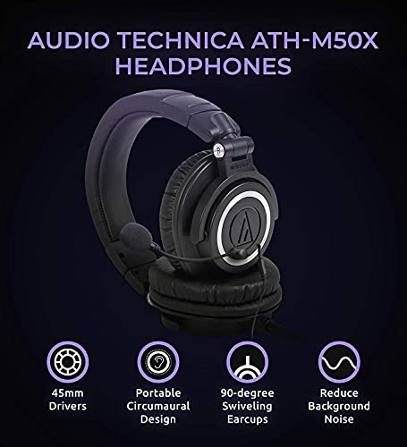 blucoil Audio Technica ATH-M50x Professional Studio Monitor Headphones, Black Bundle with Audio ModMic USB Attachable Noise-Cancelling Microphone with Mute Switch Y Splitter Cable