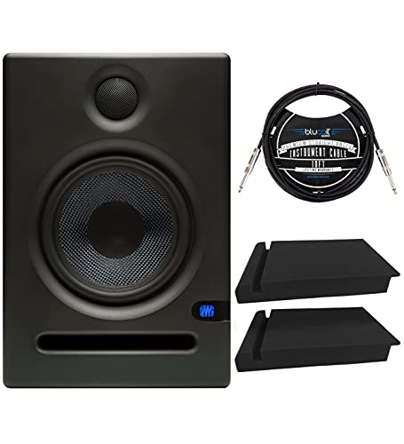 PreSonus Eris E5 2-Way 5.25" Near Field Studio Monitor, Single (Black) - RCA, 1/4" TRS, XLR Connectors Bundle with Blucoil 10' Straight Instrument Cable (1/4"), and 2-Pack of Acoustic Isolation Pads