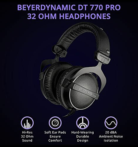 blucoil Beyerdynamic DT 770 PRO 32 Ohm Over-Ear Studio Headphones with 3.5mm Jack, Black Bundle with Antlion Audio ModMic Wireless Attachable Boom Mic for Windows & Mac 6' 3.5mm Extension Cable