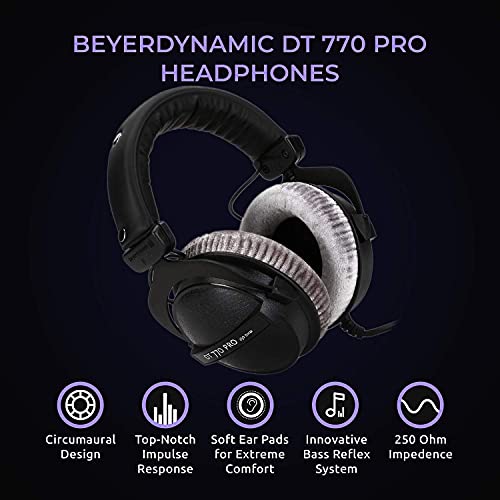 blucoil Beyerdynamic DT 770 PRO 250 Ohm Over-Ear Studio Headphones Bundle with Antlion Audio ModMic Wireless Attachable Boom Microphone Compatible with PC, Mac, Linux, PS4 6' 3.5mm Extension Cable