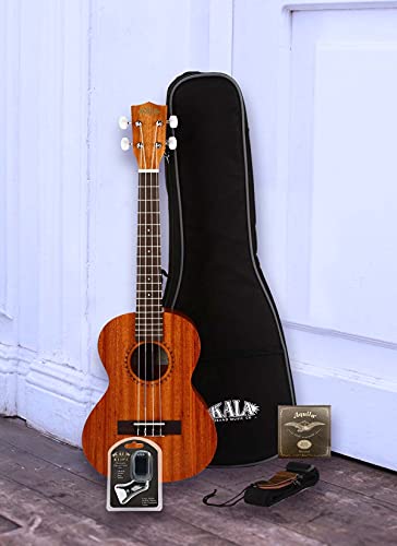 Kala KA-15T Satin Mahogany Tenor Ukulele Bundle with Gig Bag, Klipz Chromatic Clip-On Tuner, Ukulele Strap, Aquila Super Nylgut Strings, Kala App, and Blucoil Ukulele Accessories Kit