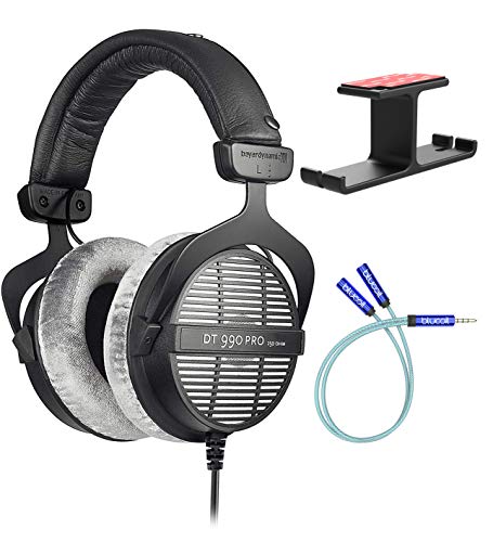 blucoil Beyerdynamics DT 990 PRO 250 Ohm Open Studio Headphones for Studio Mixers and Audio Interfaces Bundle Aluminum Dual Suspension Headphone Hanger, and Y Splitter Cable for Audio and Mic