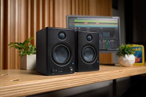 blucoil Eris E4.5 BT-4.5" Near Field Studio Monitors with Bluetooth for Computers, Turntables, TV Bundle 2-Pack of Acoustic Isolation Pads, and Samson SR350 Over-Ear Stereo Headphones