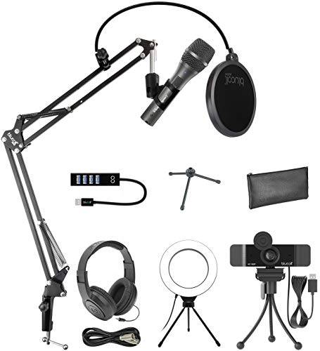 Audio-Technica AT2005USB Cardioid Dynamic USB/XLR Microphone Bundle with Blucoil 1080p USB Webcam, Boom Arm Plus Pop Filter, 6" Ring Light, USB-A Mini Hub, and Samson SR350 Over-Ear Stereo Headphones