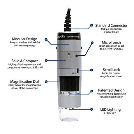 Dino-Lite Dino Lite USB Handheld Digital Microscope, 10x-220x Magnification 0.3MP/1.3MP/5.0MP True Resolution, Windows/Mac Software Included