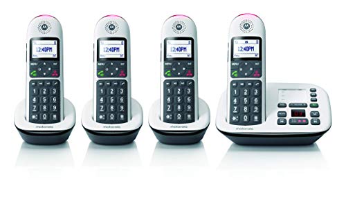 Motorola CD5014 DECT 6.0 Cordless Phone with Digital Answering Machine, Call Block, and 10dB Amplification (4-Pack) Bundle with Blucoil 10-FT 1 Gbps Cat5e Cable, and Reusable Cable Ties (5-Pack)