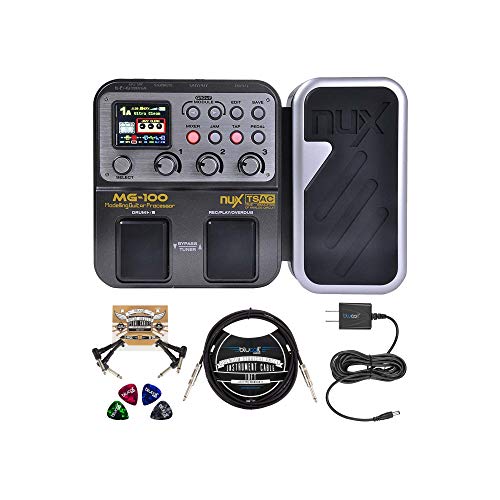 NUX MG-100 Multi Effects Processor Bundle with Blucoil Slim 9V Power Supply AC Adapter, 10-FT Straight Instrument Cable (1/4in), 2-Pack of Pedal Patch Cables, and 4-Pack of Celluloid Guitar Picks