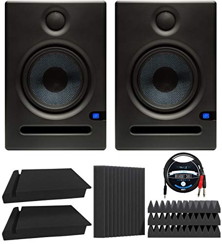 PreSonus Eris E5 2-Way 5.25" Near Field Studio Monitors (Pair) Bundle with Blucoil 2X Isolation Pads, 4X 12 Acoustic Wedges, and 5-FT 3.5mm TRS to Dual 1/4" TS Stereo Breakout Cable