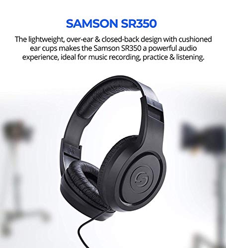 Samson G-Track Pro Professional USB Condenser Microphone, Silver Bundle with SR350 Over-Ear Headphones, Blucoil 3' USB Extension Cable, Pop Filter, 5x Cable Ties, and 6' 3.5mm Audio Extension Cable
