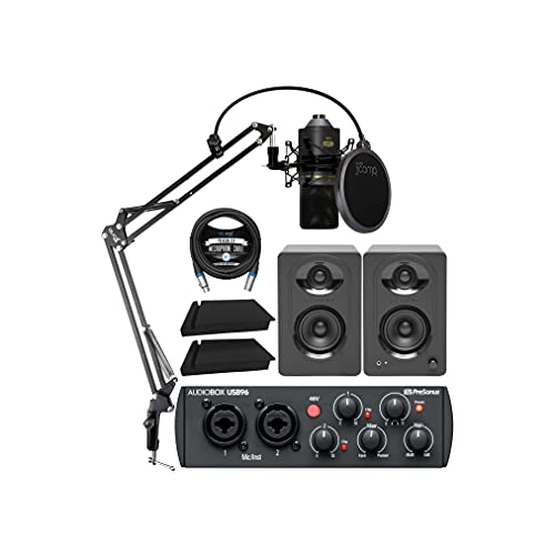 PreSonus AudioBox USB 96 25th Anniversary Audio Interface Bundle with MXL 770 Microphone (Black), MediaOne M30 Monitors, Blucoil Boom Arm Plus Pop Filter, 2x Acoustic Isolation Pads, and 10' XLR Cable