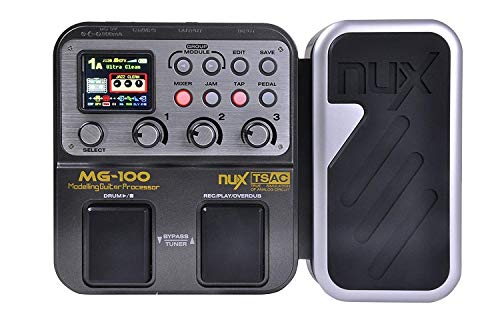 NUX MG-100 Multi Effects Processor Bundle with Blucoil Slim 9V Power Supply AC Adapter, 10-FT Straight Instrument Cable (1/4in), 2-Pack of Pedal Patch Cables, and 4-Pack of Celluloid Guitar Picks