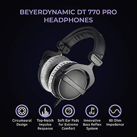 blucoil Beyerdynamic DT 770 PRO 80 Ohm Over-Ear Studio Headphones in Gray Bundle with Antlion Audio ModMic USB Attachable Noise-Cancelling Microphone with Mute Switch Y Splitter Cable