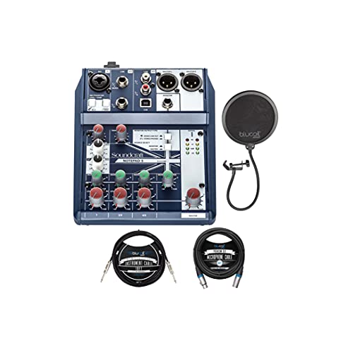 Soundcraft Notepad 5 Small-Format Analog Five-Channel Mixing Console with USB I/O Bundle with Blucoil Pop Filter Windscreen, 10-FT Balanced XLR Cable, and 10-FT Straight Instrument Cable (1/4in)