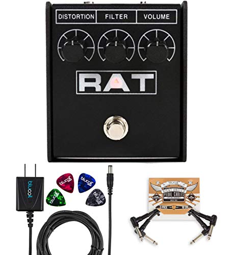 Pro Co RAT2 Distortion Pedal with Overdrive Fuzz Bundle with Blucoil Slim 9V Power Supply AC Adapter, 2-Pack of Pedal Patch Cables, and 4-Pack of Celluloid Guitar Picks