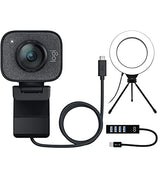 blucoil Logitech StreamCam - Live Streaming Webcam for YouTube & Twitch, Full 1080p HD 60fps, USB-C Connection, AI-Enabled Facial Tracking Bundle 6" Dimmable Selfie Ring Light, and USB-A Mini Hub