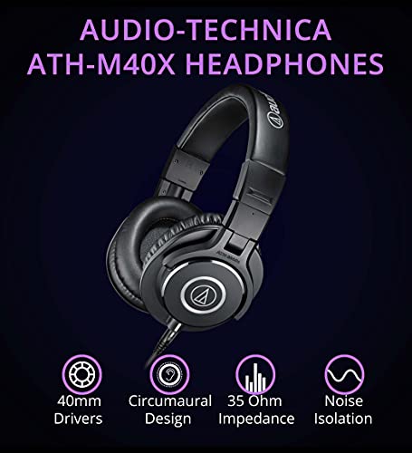 blucoil Audio Technica ATH-M40x Professional Studio Monitor Dynamic Headphones Bundle 6-FT Headphone Extension Cable (3.5mm), and Slappa Full-Sized HardBody Pro Headphone Case