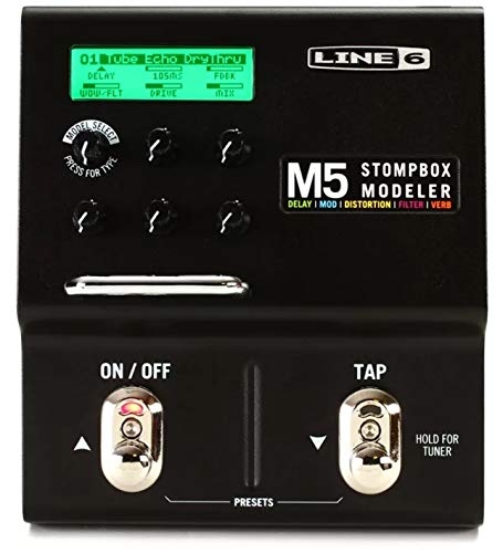 Line 6 M5 Stompbox Modeler Pedal with Built-In Guitar Tuner and True Bypass Bundle with Blucoil 2-Pack of Pedal Patch Cables, and 4-Pack of Celluloid Guitar Picks