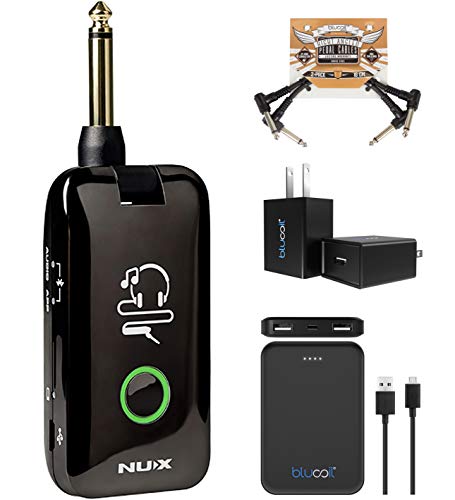 NUX MP-2 Mighty Plug Bluetooth Guitar and Bass Modeling Headphone Amplug Bundle with Blucoil 5000mAh Portable Power Bank, USB Wall Adapter, and 2-Pack of Pedal Patch Cables