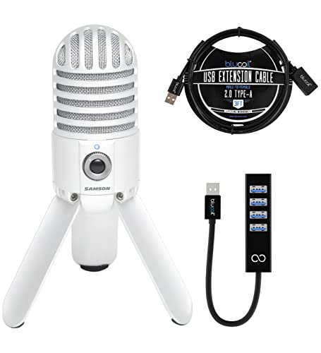 Samson Meteor Mic USB Studio Condenser Microphone (White) for Podcast, Voiceover, Web Conference on Windows, Mac, IOS Bundle with Blucoil USB-A Mini Hub, and 3-FT USB 2.0 Type-A Extension Cable