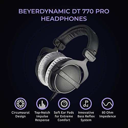 blucoil Beyerdynamics DT 770 PRO 80 Ohm Over-Ear Studio Headphones in Gray, Enclosed Design, Wired Bundle Portable USB Audio Interface for Windows and Mac, and 10-FT Balanced XLR Cable