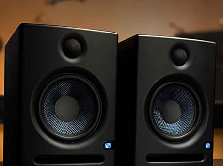 PreSonus Eris E5 2-Way 5.25" Near Field Studio Monitors (Pair) Bundle with Blucoil Acoustic Isolation Pads (2-Pack), and 10' Straight Instrument Cables with 1/4" Connectors (2-Pack)