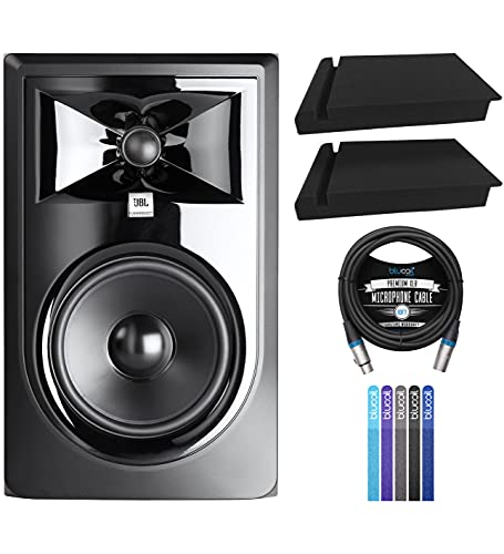 blucoil JBL Professional 306P MkII Next-Generation 6" 2-Way Powered Studio Monitor (Single) Bundle 10-FT Balanced XLR Cable, 5-Pack of Reusable Cable Ties, and 2-Pack of Acoustic Isolation Pads