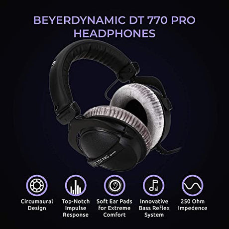 blucoil Beyerdynamics DT 770 PRO 250 Ohm Over-Ear Studio Headphones Bundle with AudioBox USB 96 25th Anniversary Edition, 6' Audio Extension Cable, and Slappa HardBody PRO Headphone Case