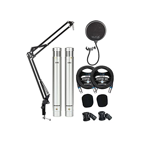 Samson C02 Pencil Condenser Microphone Pair for Vocals, Acoustic Guitars, Pianos, Overhead Drums, Hi Hats Bundle with Blucoil 2-Pack of 10-FT Balanced XLR Cables, and Boom Arm Plus Pop Filter