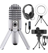 Samson Meteor Mic USB Studio Condenser Microphone for Windows and Mac (Chrome) Bundle with Blucoil 1080p USB Webcam, 6" Ring Light, SR350 Over-Ear Stereo Headphones, and USB-A Mini Hub