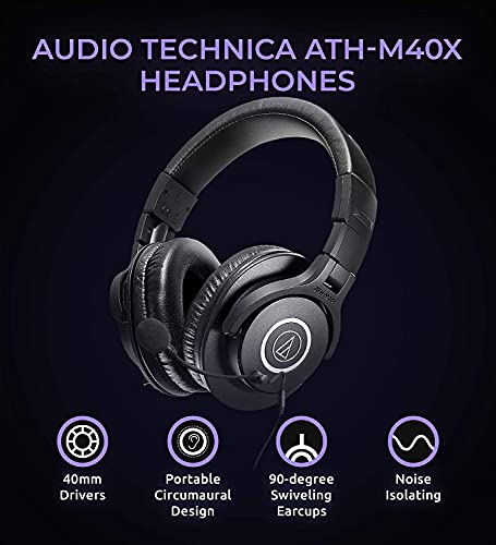 blucoil Audio Technica ATH-M40x Professional Studio Monitor Headphone Black Bundle with Audio ModMic USB Noise-Cancelling Microphone, Y Splitter Cable, Headphone Amp, and Slappa Headphone Case