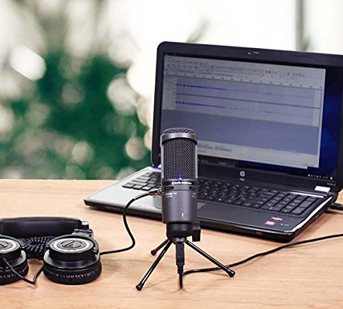 blucoil Audio Technica AT2020USB+ Cardioid Condenser USB Microphone with Built-in Headphone Jack & Volume Control Bundle Boom Arm Plus Pop Filter, 3' USB Extension Cable, and USB-A Mini Hub