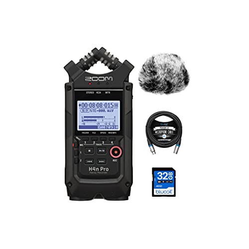 Zoom H4n Pro 4-Track Portable Recorder All Black for Stereo/Multitrack Recording of Music, Audio for Video Bundle with Blucoil 10-FT Balanced XLR Cable, Mic Furry Windscreen, and 32GB SDHC Memory Card