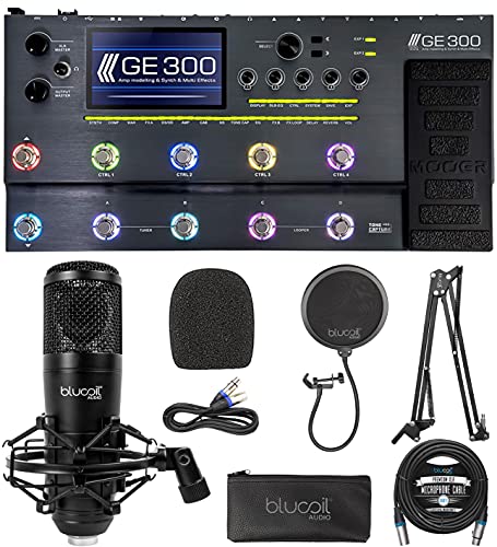 MOOER GE300 Amp Modelling Processor Synth Pedal Guitar Multi Effects Bundle with Blucoil Cardioid Condenser Studio XLR Microphone, Boom Arm Plus Pop Filter, and 20-FT Balanced XLR Cable