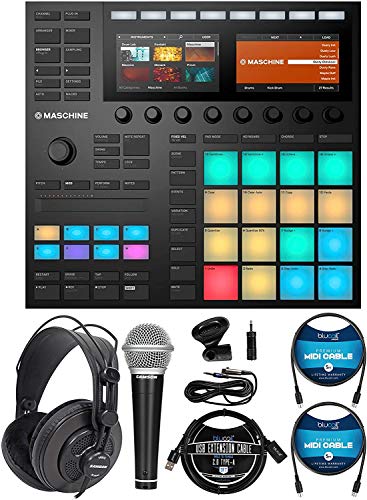 Native Instruments MASCHINE MK3 Drum Controller and USB Audio Interface Bundle with Samson R21S Dynamic Microphone, SR850 Semi-Open Headphones, 3' USB Extension Cable, and 2x 5' MIDI Cables