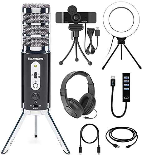 Samson Satellite USB/iOS Broadcast Microphone for Recording, Podcasting, and Streaming (SASAT) Bundle with Blucoil 6" Ring Light, 1080p USB Webcam, USB-A Mini Hub, and Samson SR350 Headphones