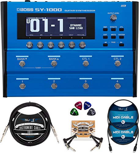 BOSS SY-1000 Guitar Synthesizer Bundle with Blucoil 10-FT Straight Instrument Cable (1/4in), 5-FT MIDI Cable, 2-Pack of Pedal Patch Cables, and 4x Guitar Picks