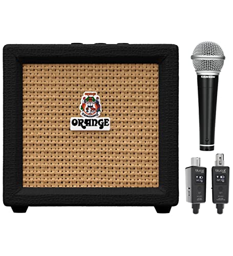 Orange Amps Crush Mini 3W Analogue Combo Amp for Guitars (Black) Bundle with Blucoil Wireless Mic System, and Samson R21S Dynamic Microphone