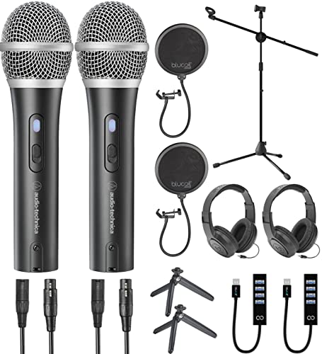 Audio Technica ATR2100x-USB Cardioid Dynamic Microphones (ATR Series) (2-Pack) Bundle with Pop Filters (2-Pack), USB-A Mini Hub (2-Pack), Adjustable Mic Stand, and Samson SR350 Headphones (2-Pack)