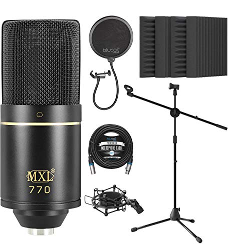 MXL 770 Cardioid Condenser Microphone (Black) Bundle with Blucoil 20-FT Balanced XLR Cable, Pop Filter Windscreen, Adjustable Mic Stand, and 4-Pack of 12 Acoustic Foam Isolation Panel Wedges